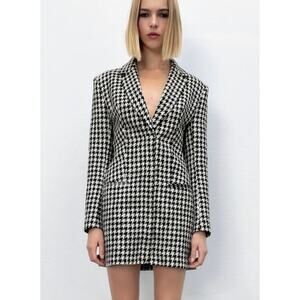 ZARA Black White Houndstooth Tweed Mini Dress Suit Academia Clueless Preppy S